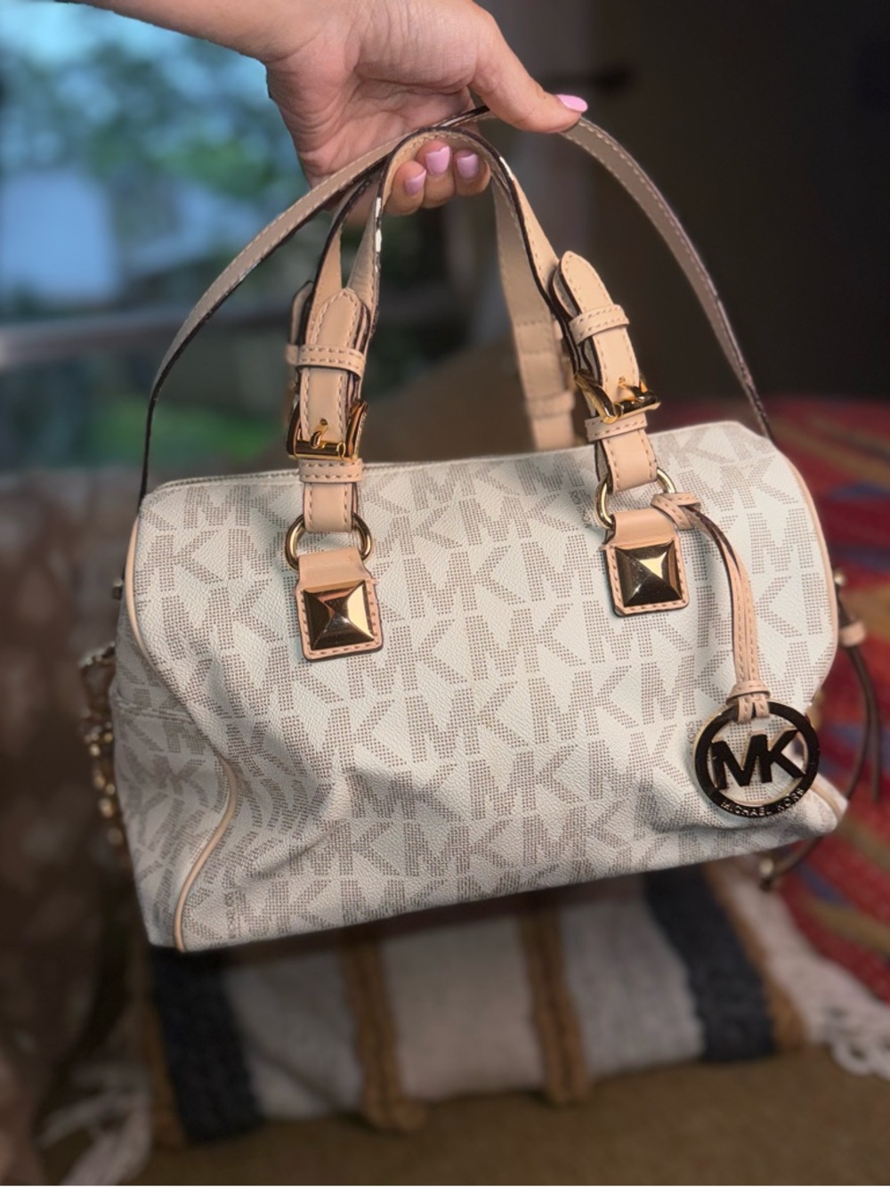 Michael Kors Grayson Medium Satchel MK Vanilla Monogram Crossbody Bag Gold Chain